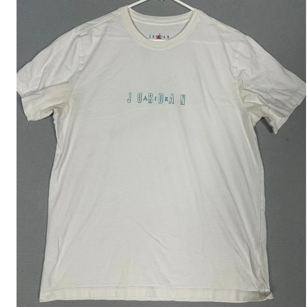 Jordan T-Shirt Mens Large White Teal Jumpman Graphic Tee Crewneck Short Sleeve